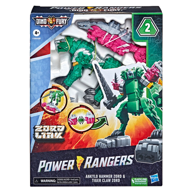Power Rangers Dino Fury Pink Ankylo Hammer Zord and Green Tiger Claw Zord